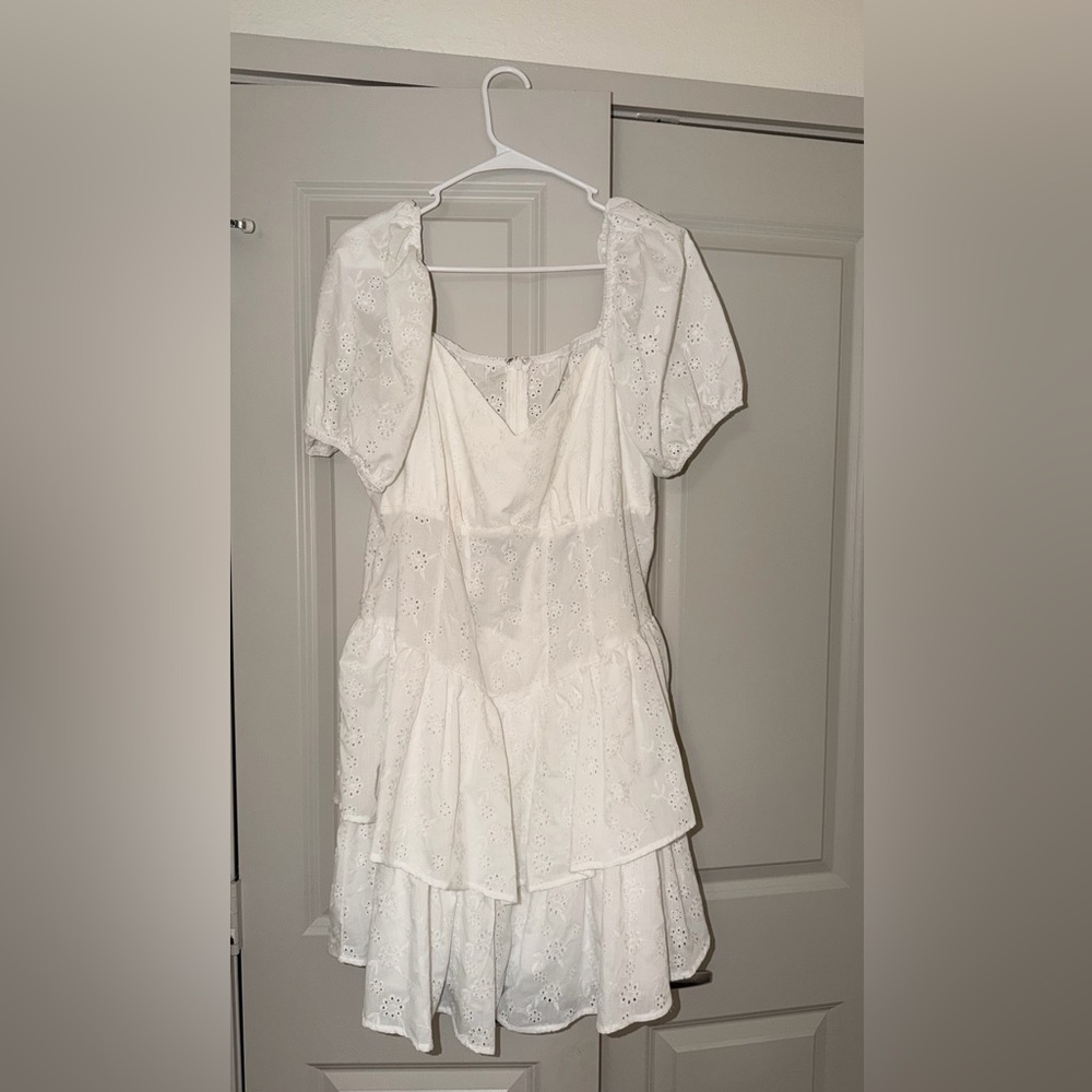 White Eyelet Puff Sleeve Tiered Mini Dress